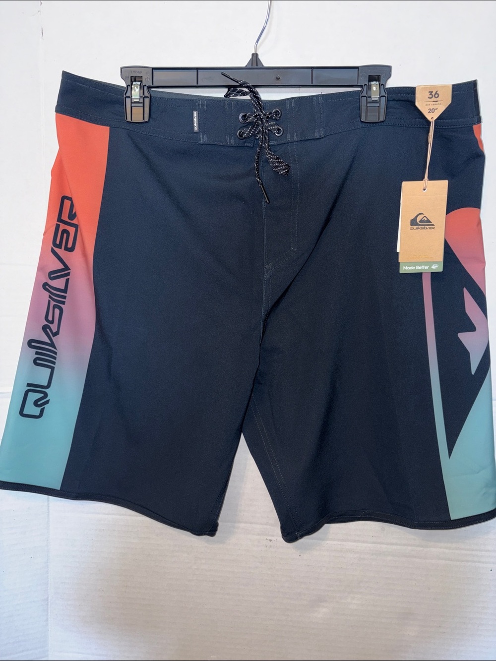 Quiksilver Men’s Black Boardshorts with Coral-to-Teal Gradient Panels